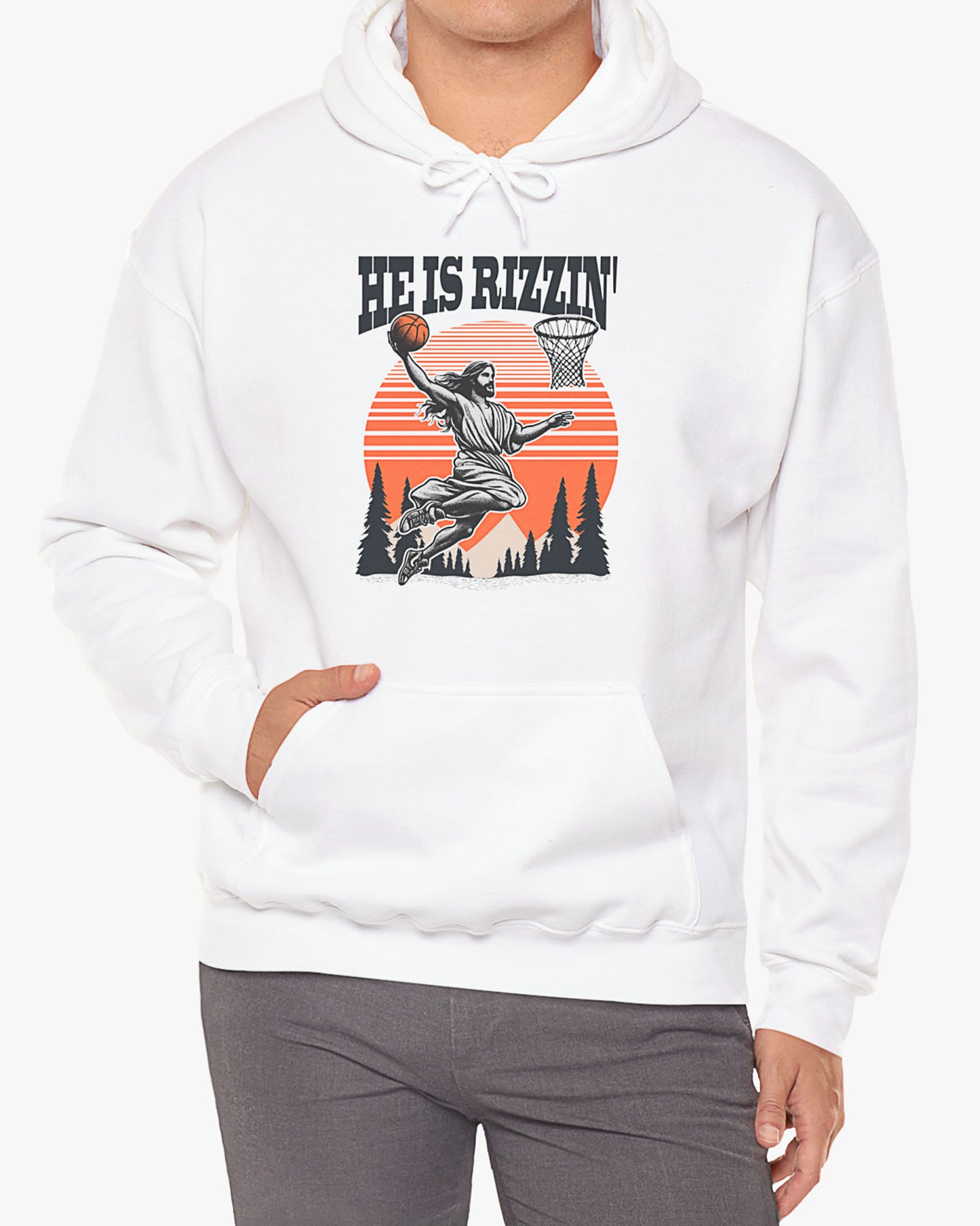 Man wearing white 'He Is Rizzin' hoodie featuring retro Jesus dunking basketball graphic, ideal for Easter.