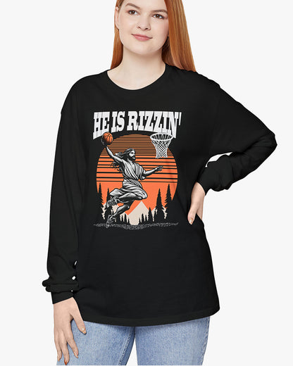 Woman wearing black 'He Is Rizzin' long sleeve tee with funny Jesus playing Basketball graphic
