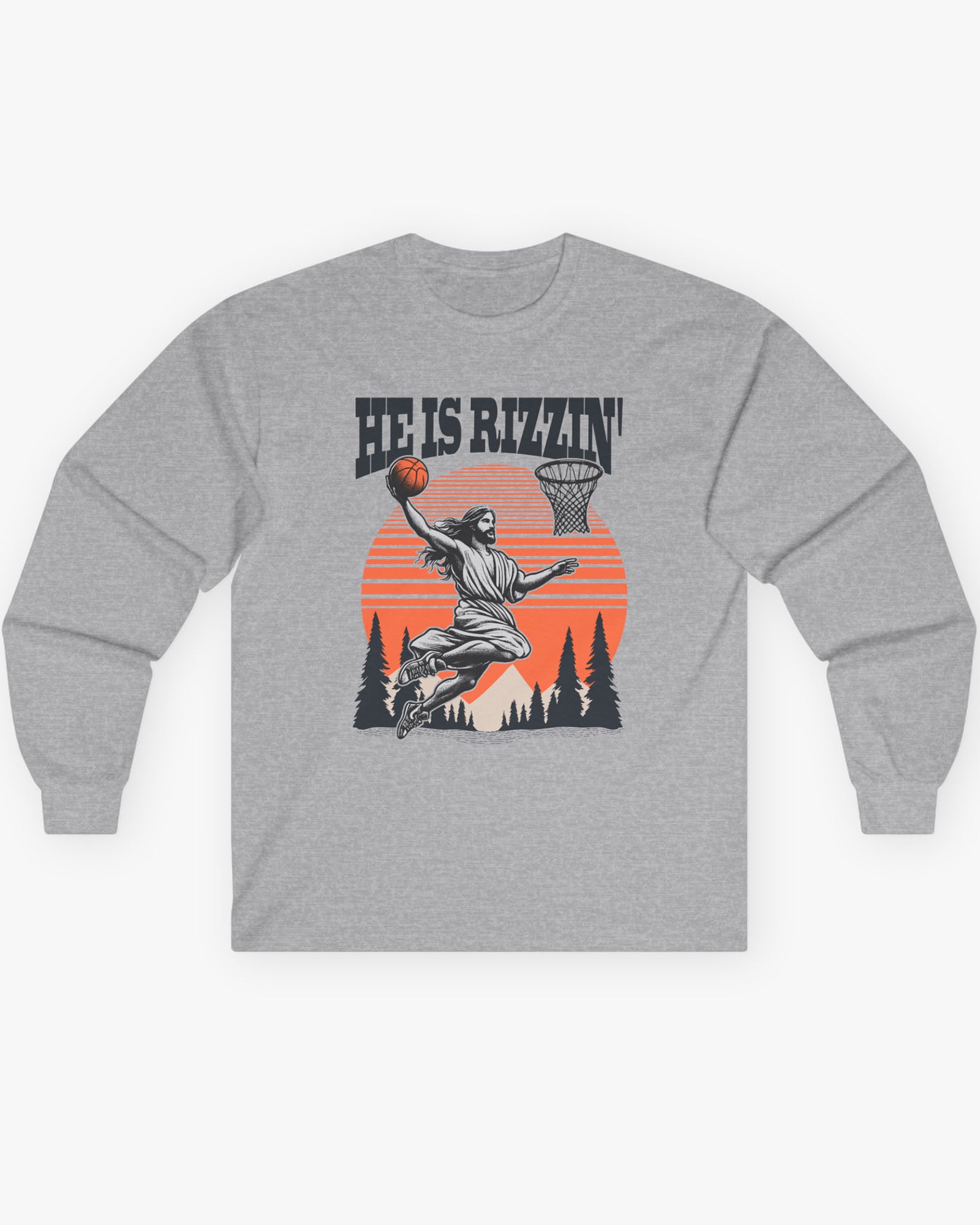 Flat lay sport gray 'He Is Rizzin' long sleeve tee with funny Jesus playing Basketball graphic