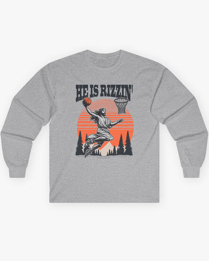 Flat lay sport gray 'He Is Rizzin' long sleeve tee with funny Jesus playing Basketball graphic