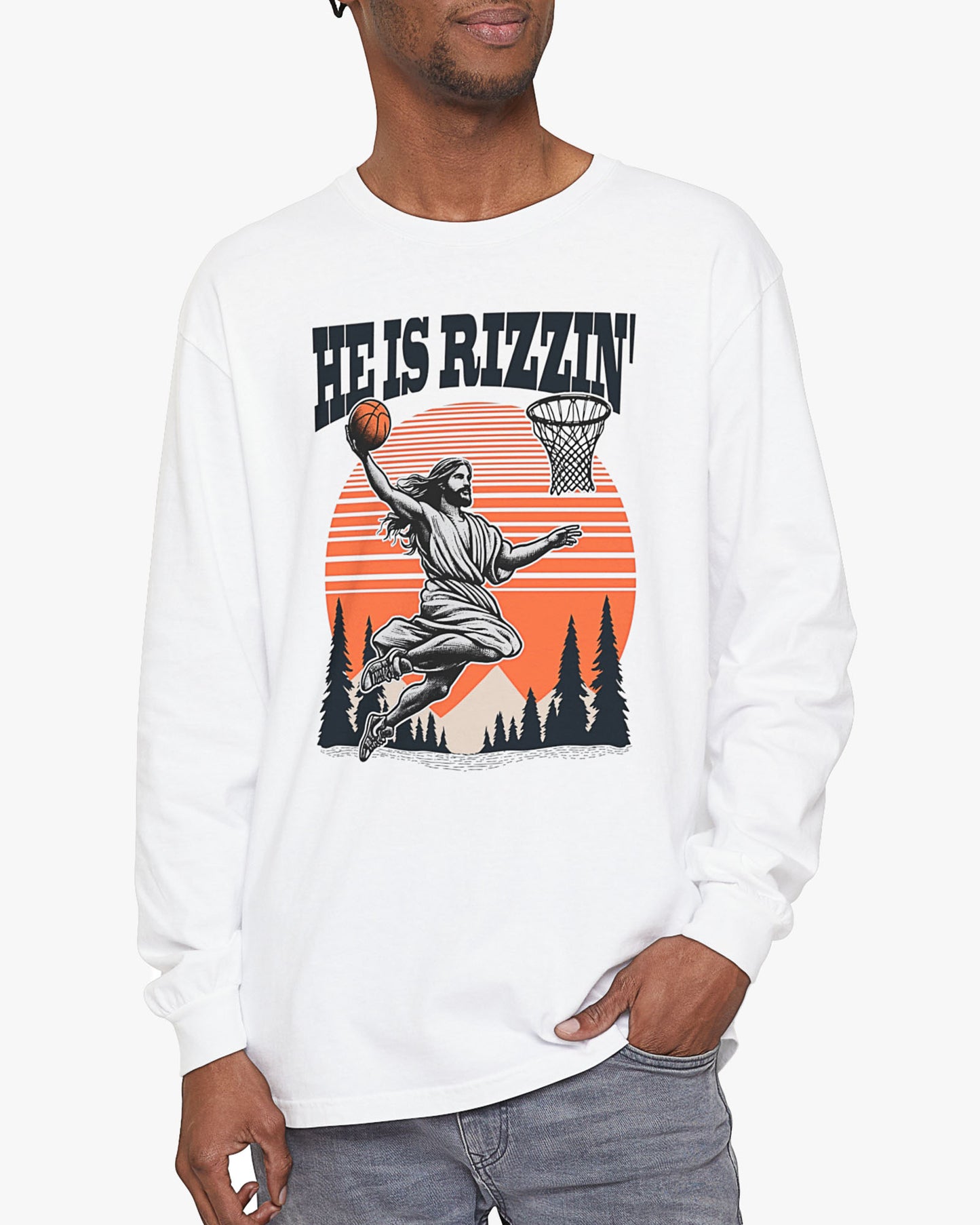 Man wearing white 'He Is Rizzin' long sleeve tee with funny Jesus playing Basketball graphic