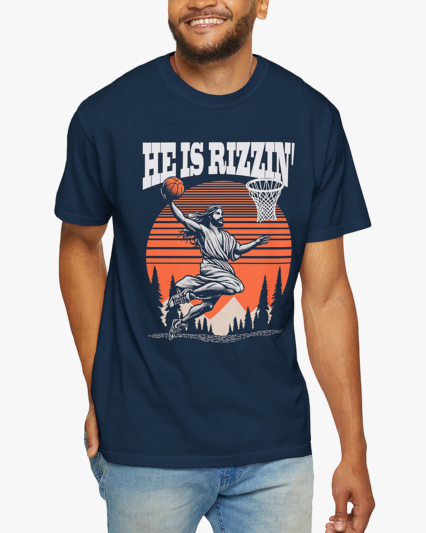 Man wearing 'He Is Rizzin' tee in navy blue color with Jesus playing basketball graphic
