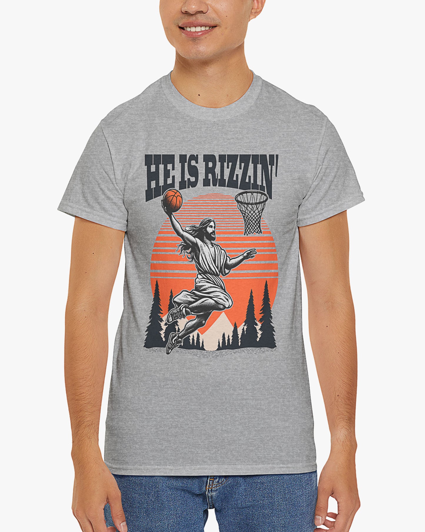 Man wearing 'He Is Rizzin' tee in sport gray color with Jesus playing basketball graphic