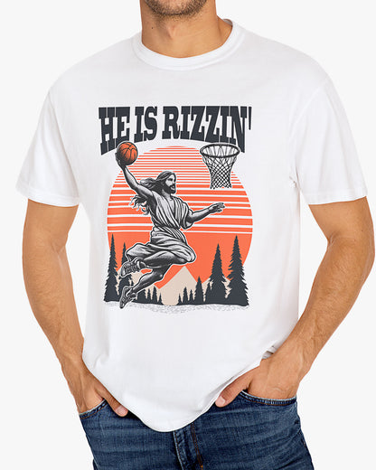 Man wearing 'He Is Rizzin' tee in white color with Jesus playing basketball graphic