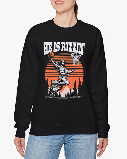 Woman wearing black 'He Is Rizzin' sweatshirt with retro Jesus dunking basketball graphic, perfect for Easter and funny Y2K style.