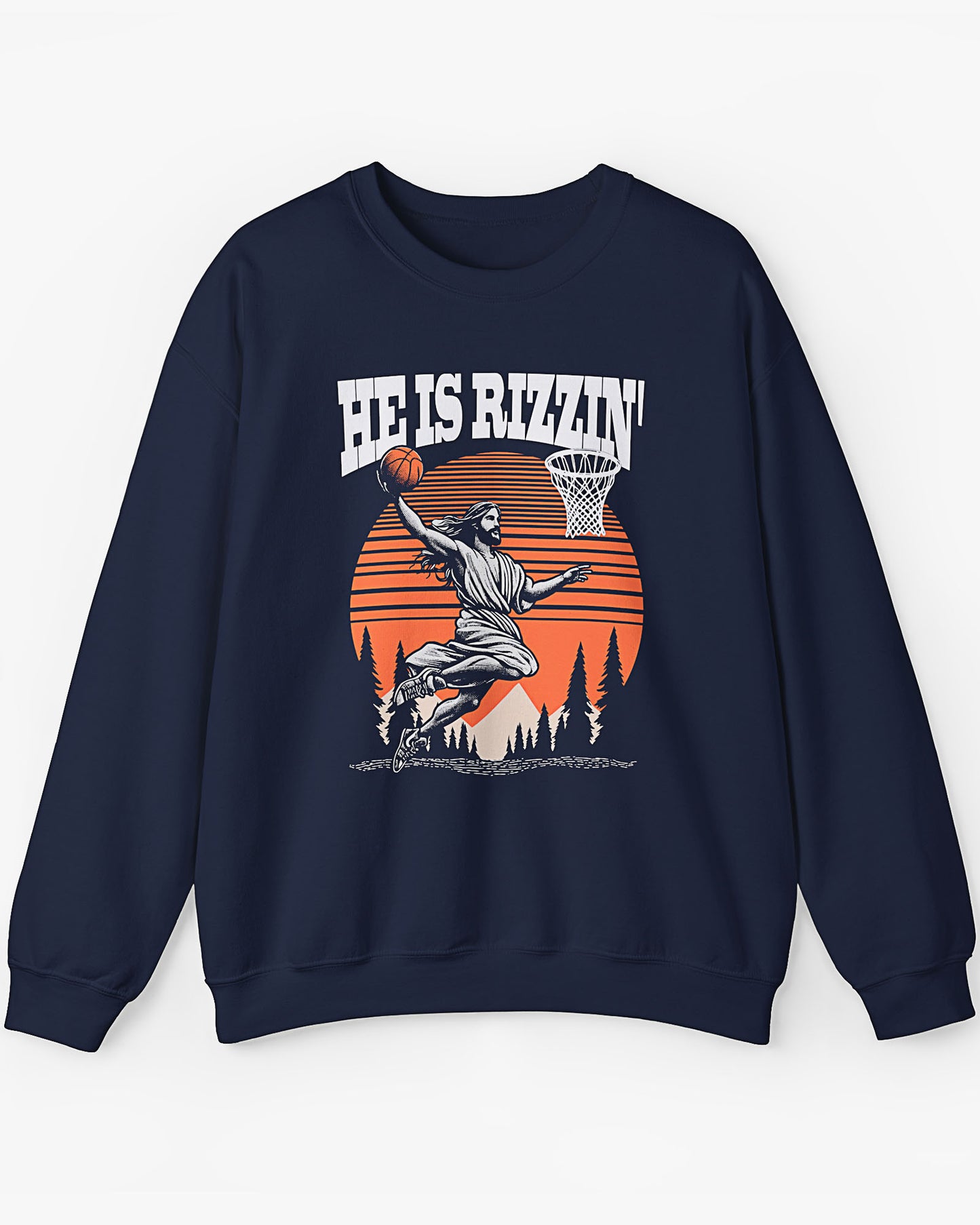 Flat lay black color 'He Is Rizzin' sweatshirt with retro Jesus dunking basketball graphic, perfect for Easter and funny Y2K style.