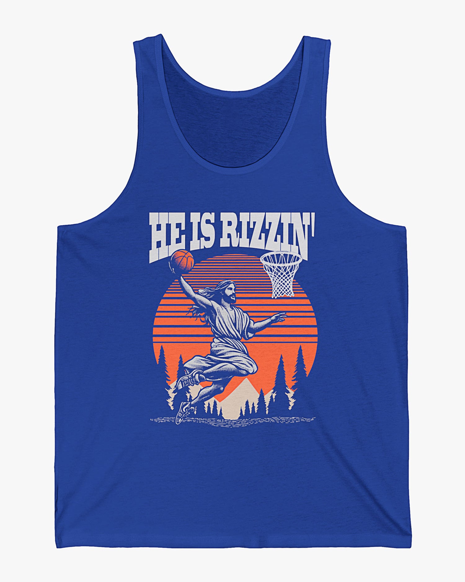 'He Is Rizzin' tank top in true royal blue featuring a funny retro graphic of Jesus dunking a basketball, perfect for summer style and humor.