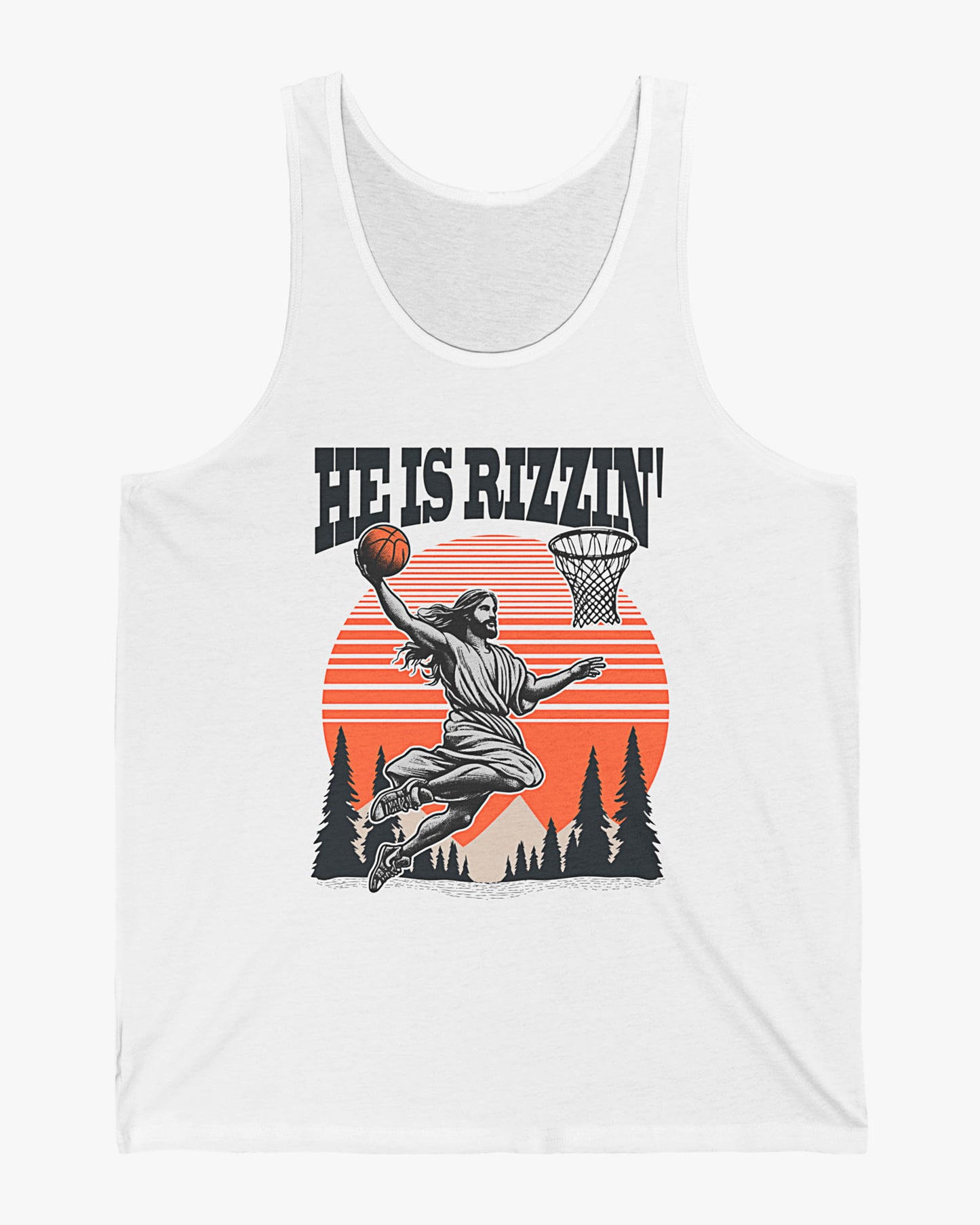 'He Is Rizzin' tank top in white featuring a funny retro graphic of Jesus dunking a basketball, perfect for summer style and humor.