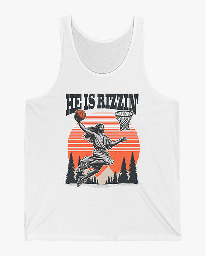 'He Is Rizzin' tank top in white featuring a funny retro graphic of Jesus dunking a basketball, perfect for summer style and humor.