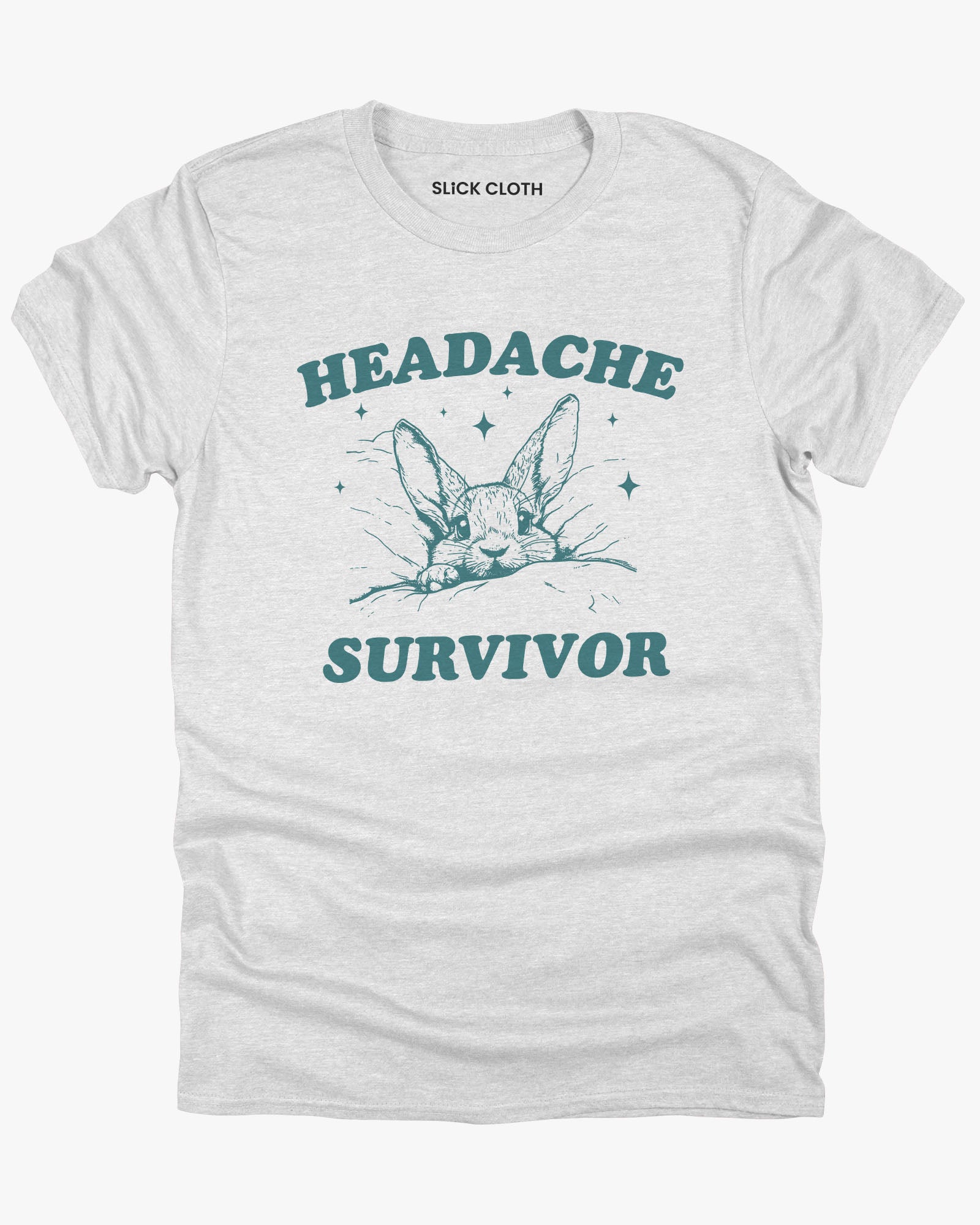 Flat lay ash gray 'Headache Survivor' shirt featuring a funny retro bunny with a headache graphic.