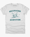 Flat lay ash gray 'Headache Survivor' shirt featuring a funny retro bunny with a headache graphic.