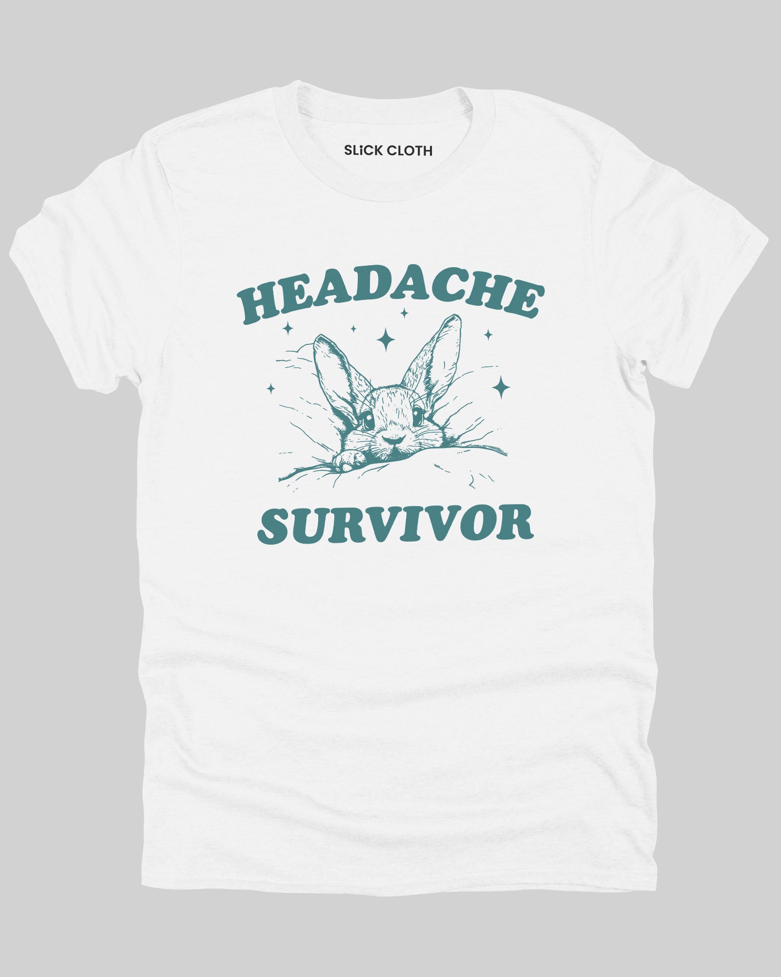 White 'Headache Survivor' shirt featuring a funny retro bunny with a headache graphic.