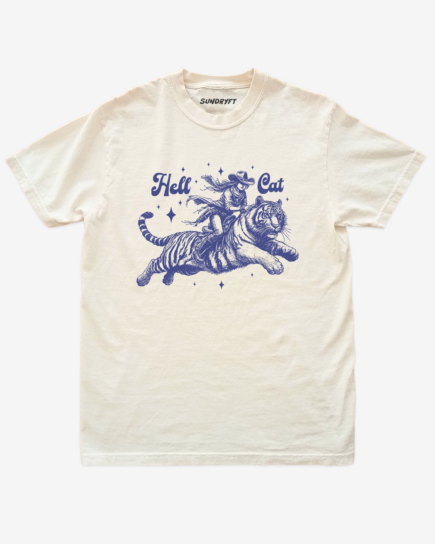 "Hell Cat" shirt in ivory with a retro graphic of a cowgirl riding a tiger.