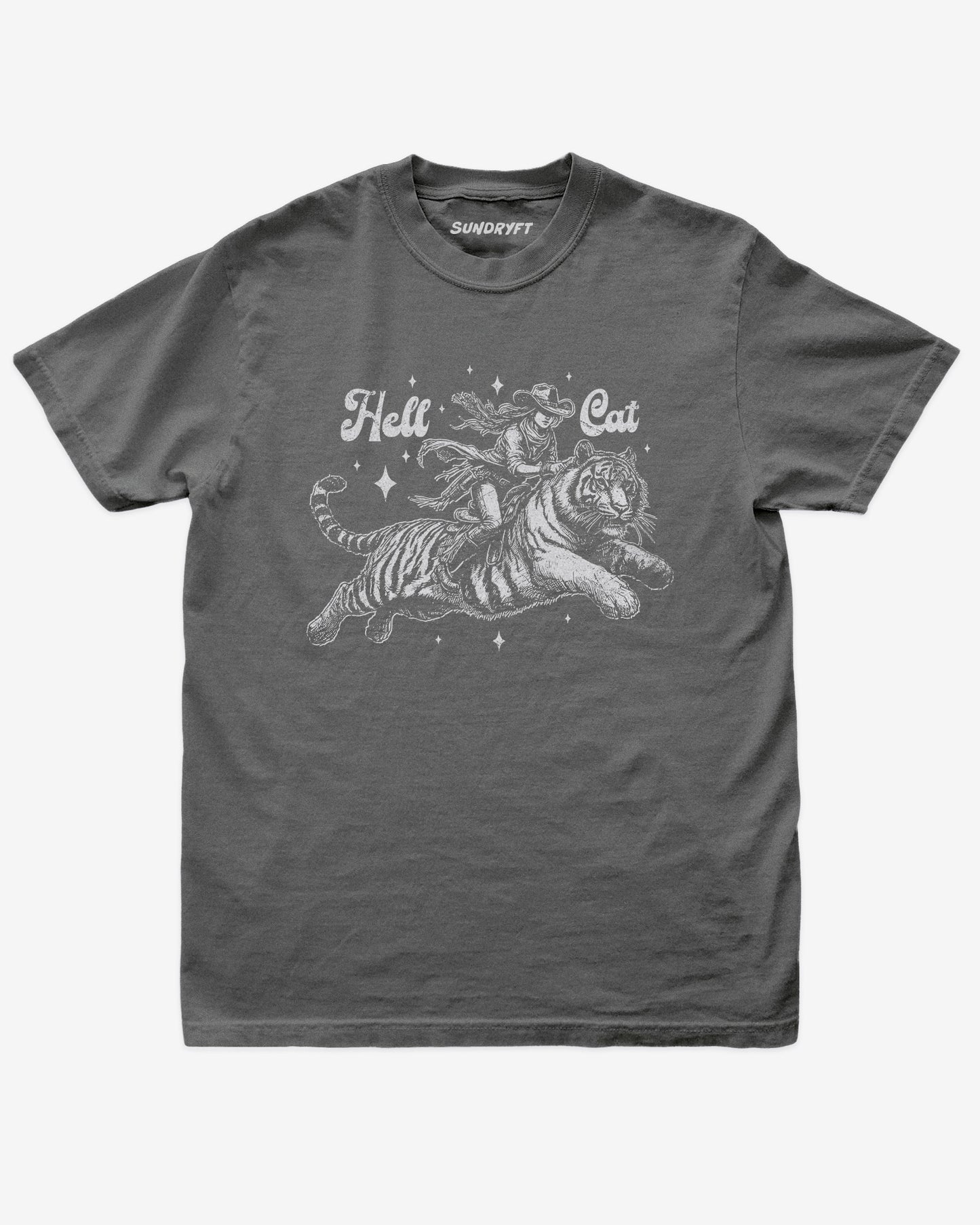 "Hell Cat" shirt in pepper with a retro graphic of a cowgirl riding a tiger.