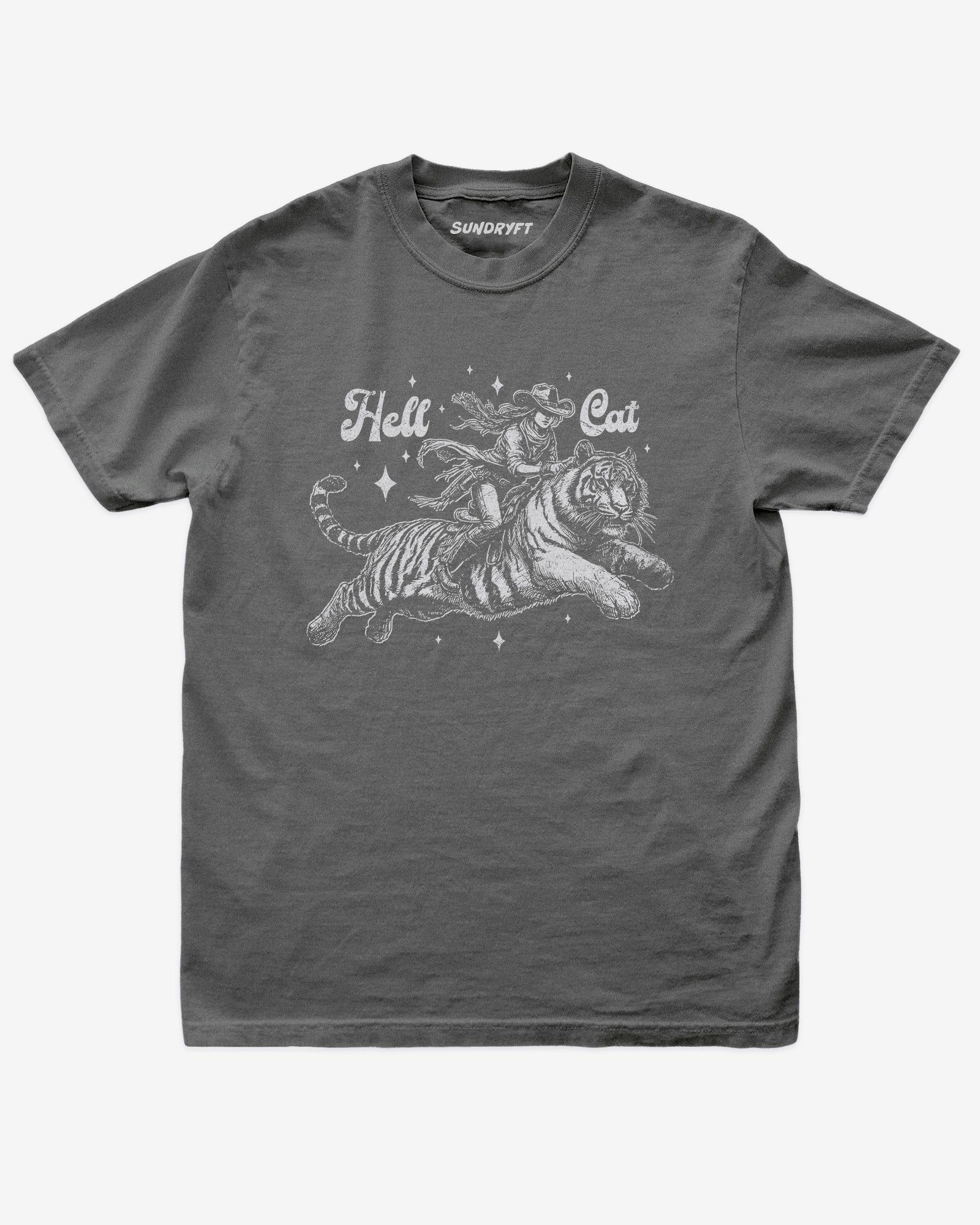 "Hell Cat" shirt in pepper with a retro graphic of a cowgirl riding a tiger.
