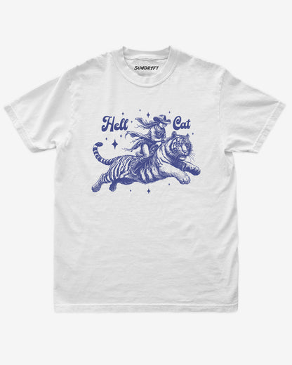"Hell Cat" shirt in white with a retro graphic of a cowgirl riding a tiger.