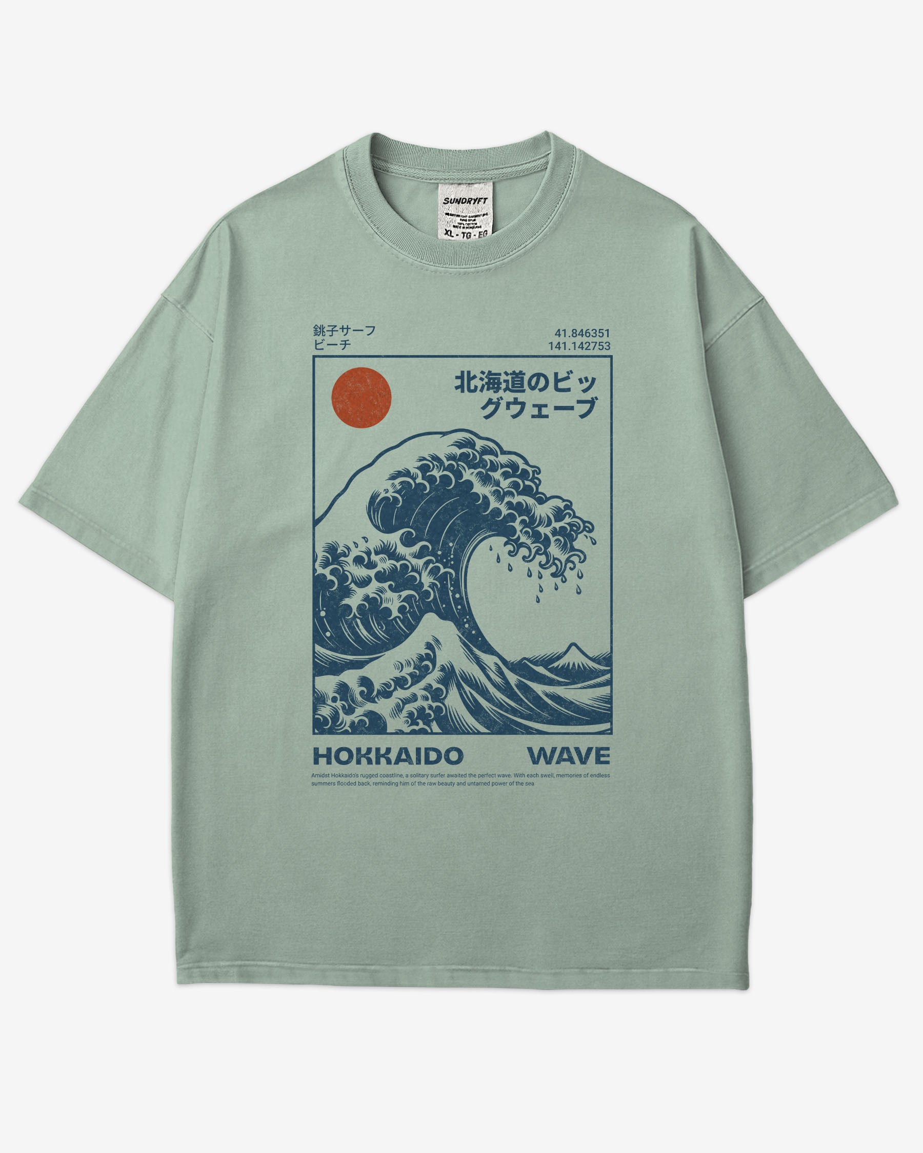 Flat lay bay ‘Hokkaido Wave’ surf shirt with a retro Japanese great wave graphic in traditional ukiyo-e style.