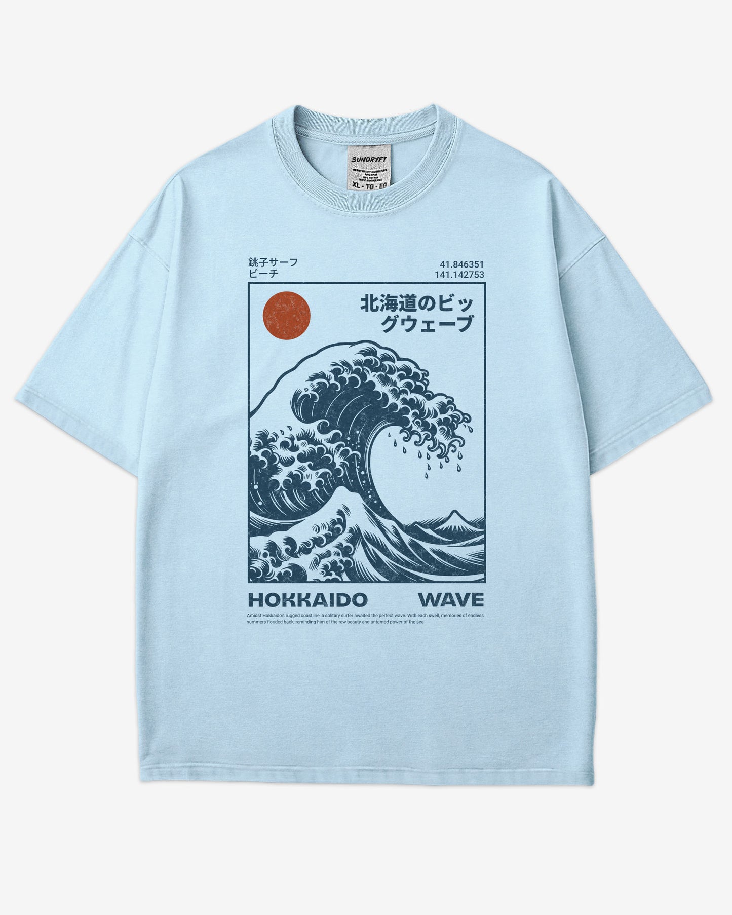 Flat lay chambray ‘Hokkaido Wave’ surf shirt with a retro Japanese great wave graphic in traditional ukiyo-e style.