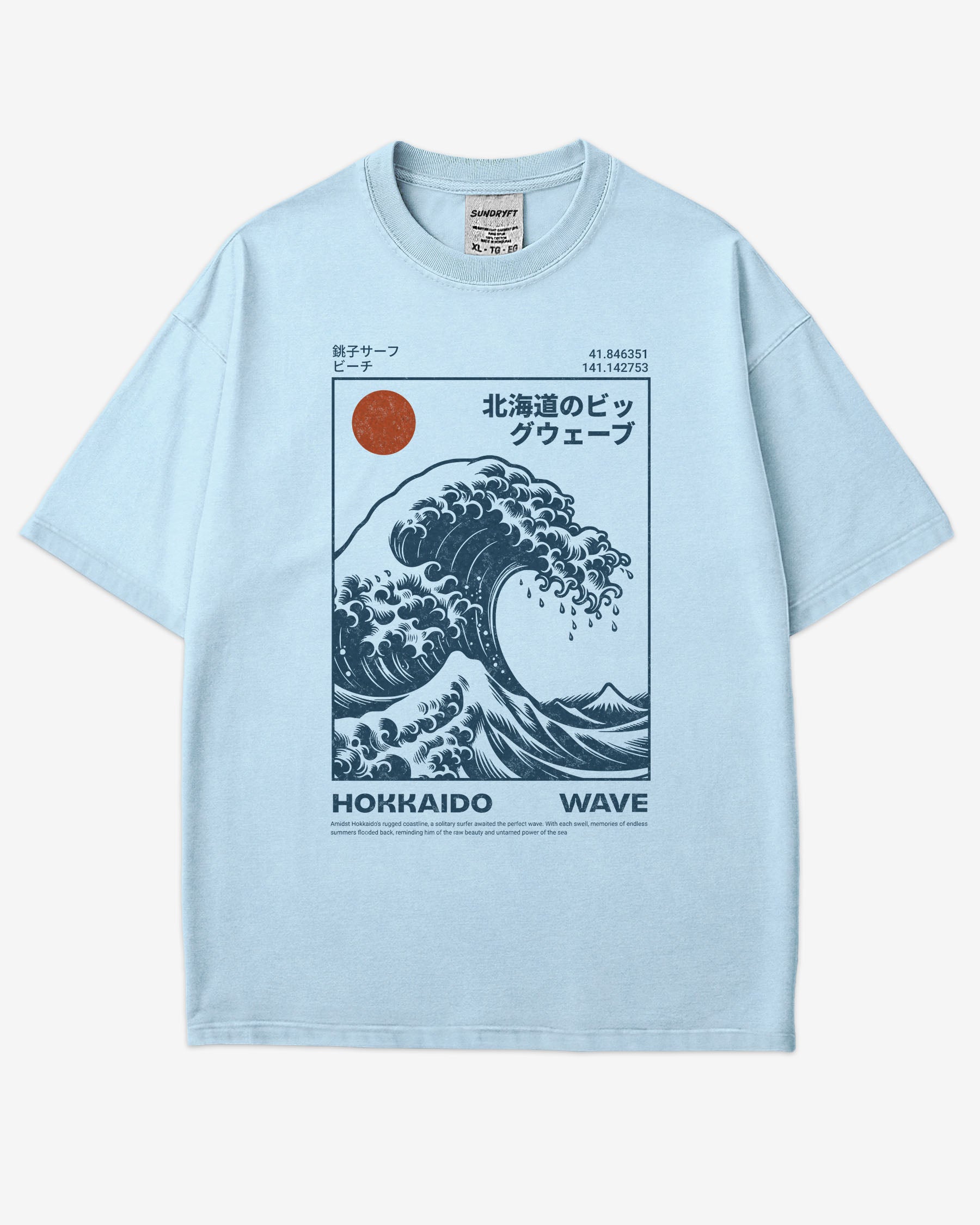 Flat lay chambray ‘Hokkaido Wave’ surf shirt with a retro Japanese great wave graphic in traditional ukiyo-e style.