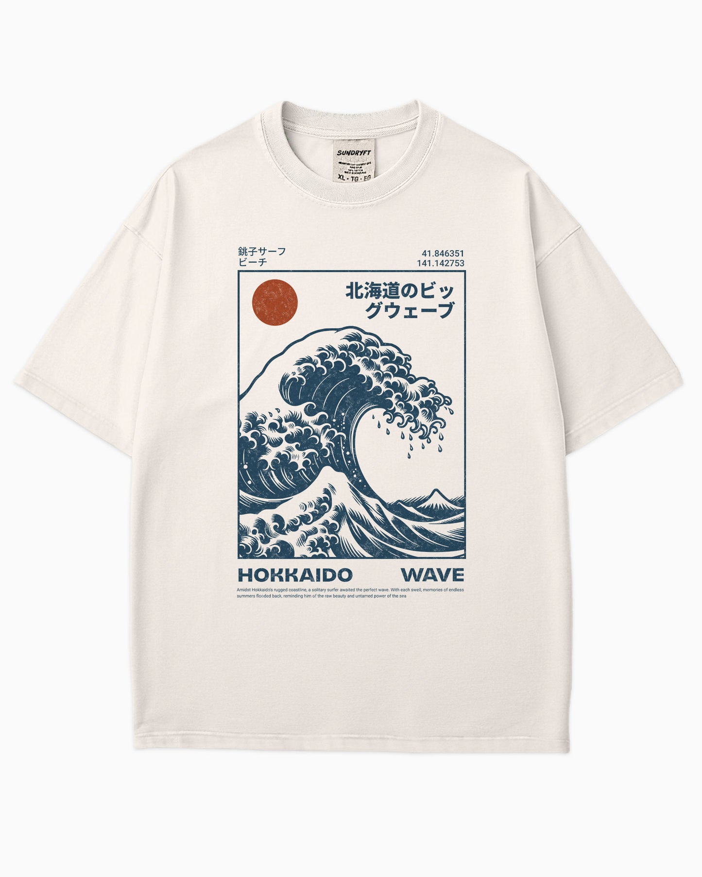Flat lay ivory ‘Hokkaido Wave’ surf shirt with a retro Japanese great wave graphic in traditional ukiyo-e style.