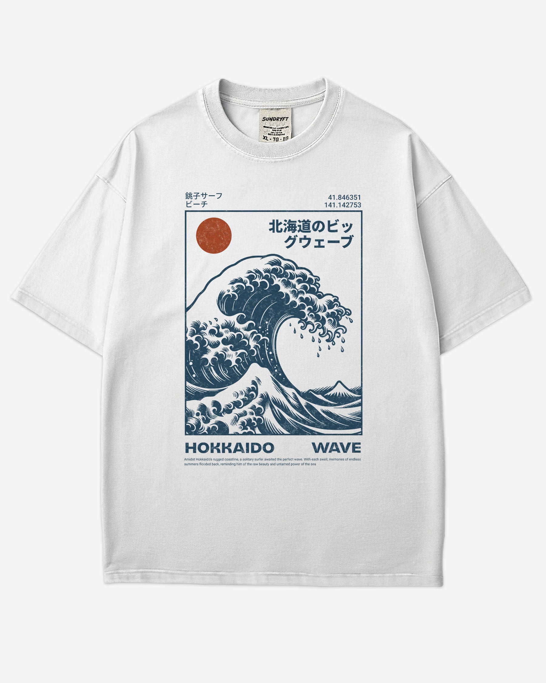 Flat lay white ‘Hokkaido Wave’ surf shirt with a retro Japanese great wave graphic in traditional ukiyo-e style.
