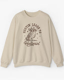 Flat laying sand beige 'Hootin Leads To Hollerin' sweatshirt with funny retro owl graphic