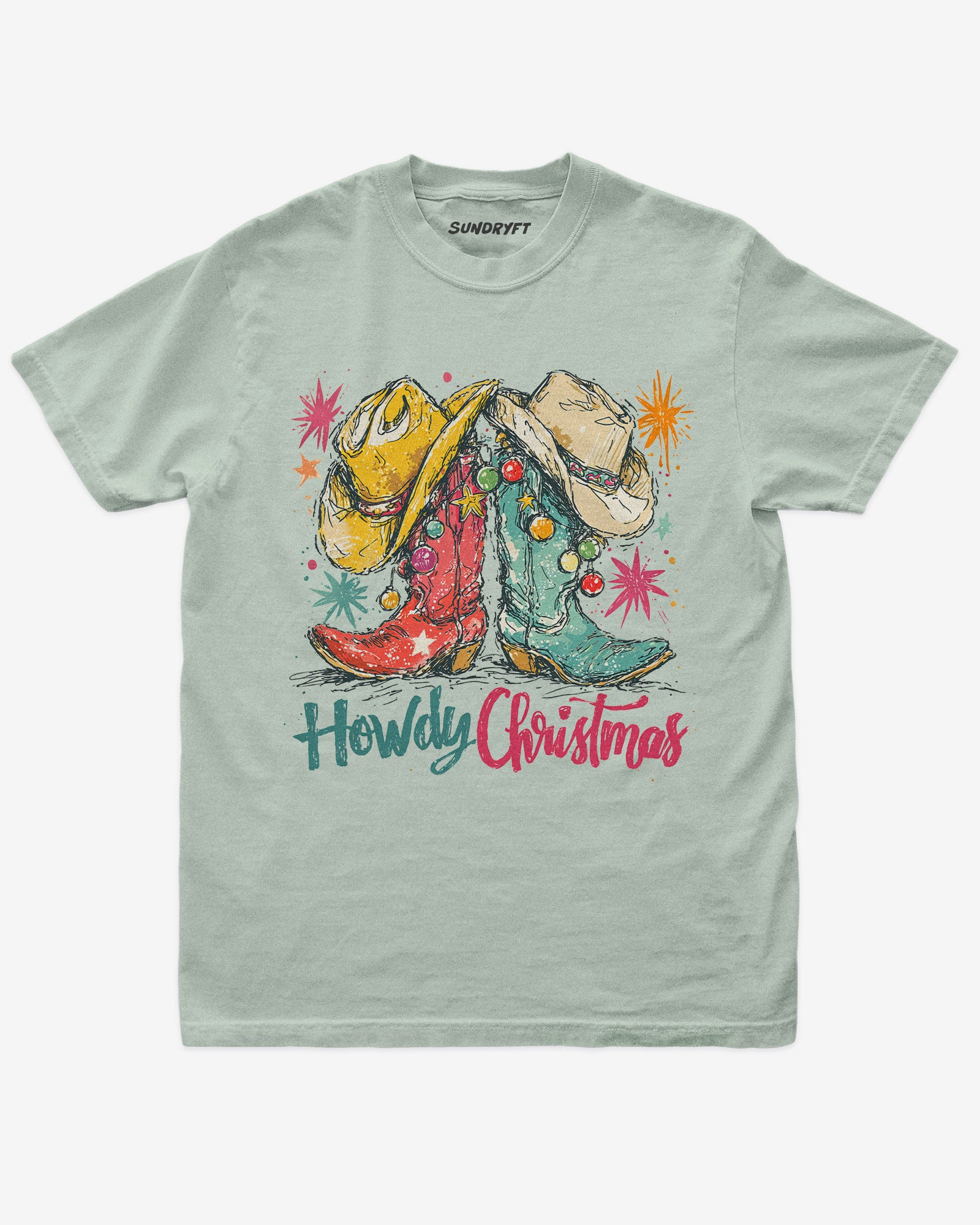Howdy Christmas shirt in bay color with retro cowboy boots and hats graphic