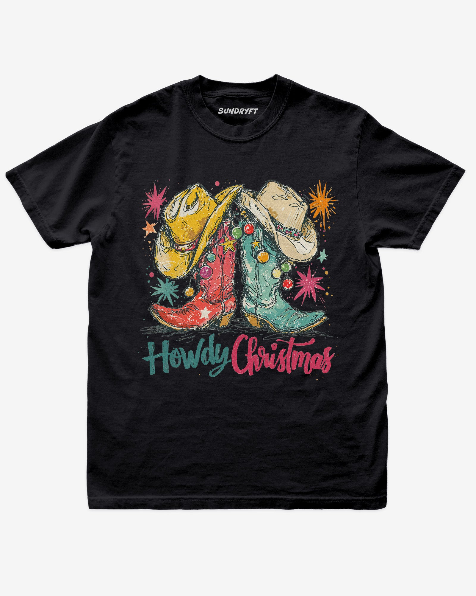 Howdy Christmas shirt in black with retro cowboy boots and hats graphic