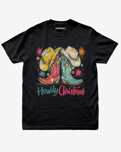 Howdy Christmas shirt in black with retro cowboy boots and hats graphic