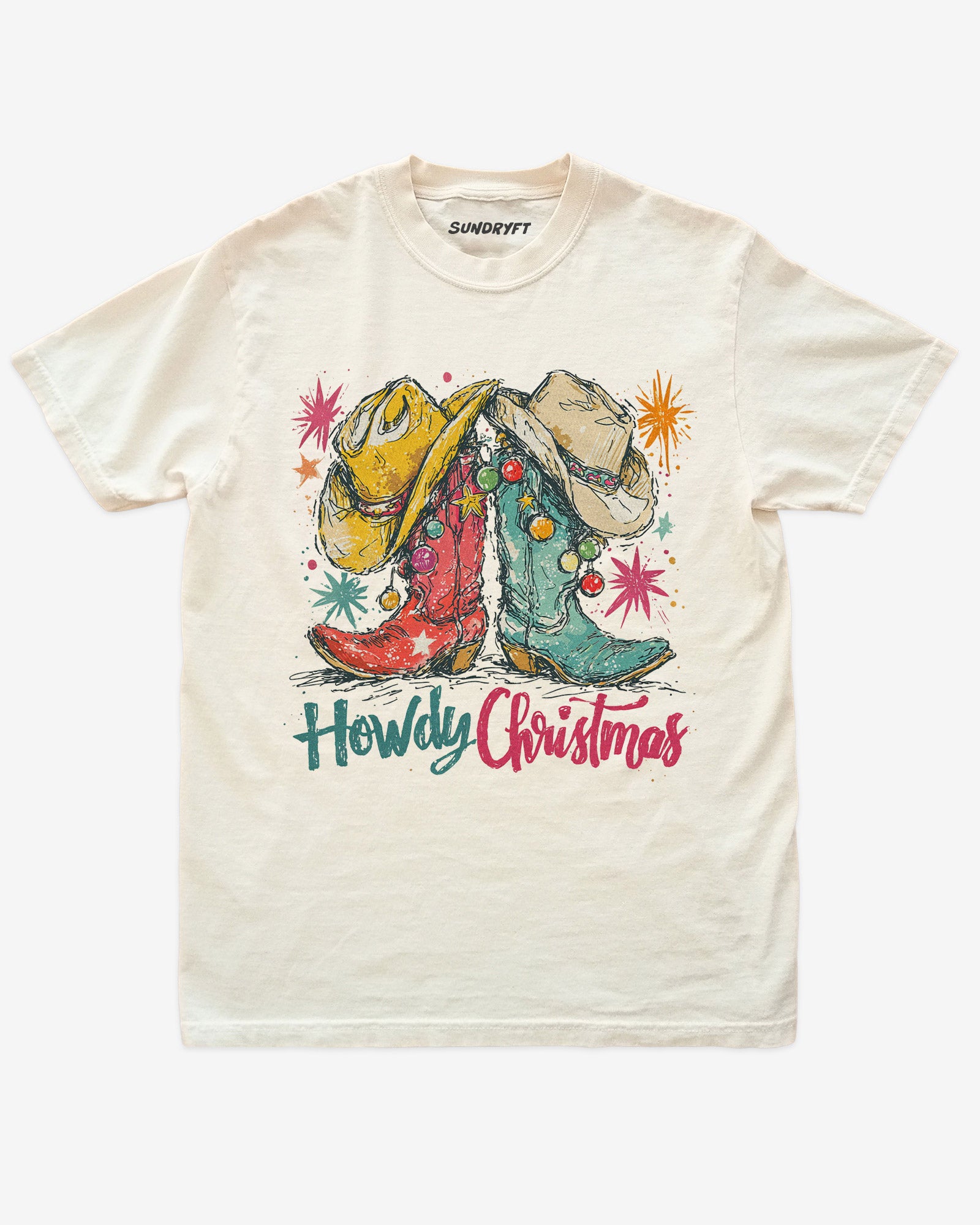 Howdy Christmas shirt in ivory with retro cowboy boots and hats graphic