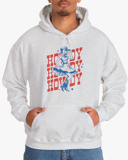 Man wearing ash gray Howdy hoodie with retro dancing country girl graphic