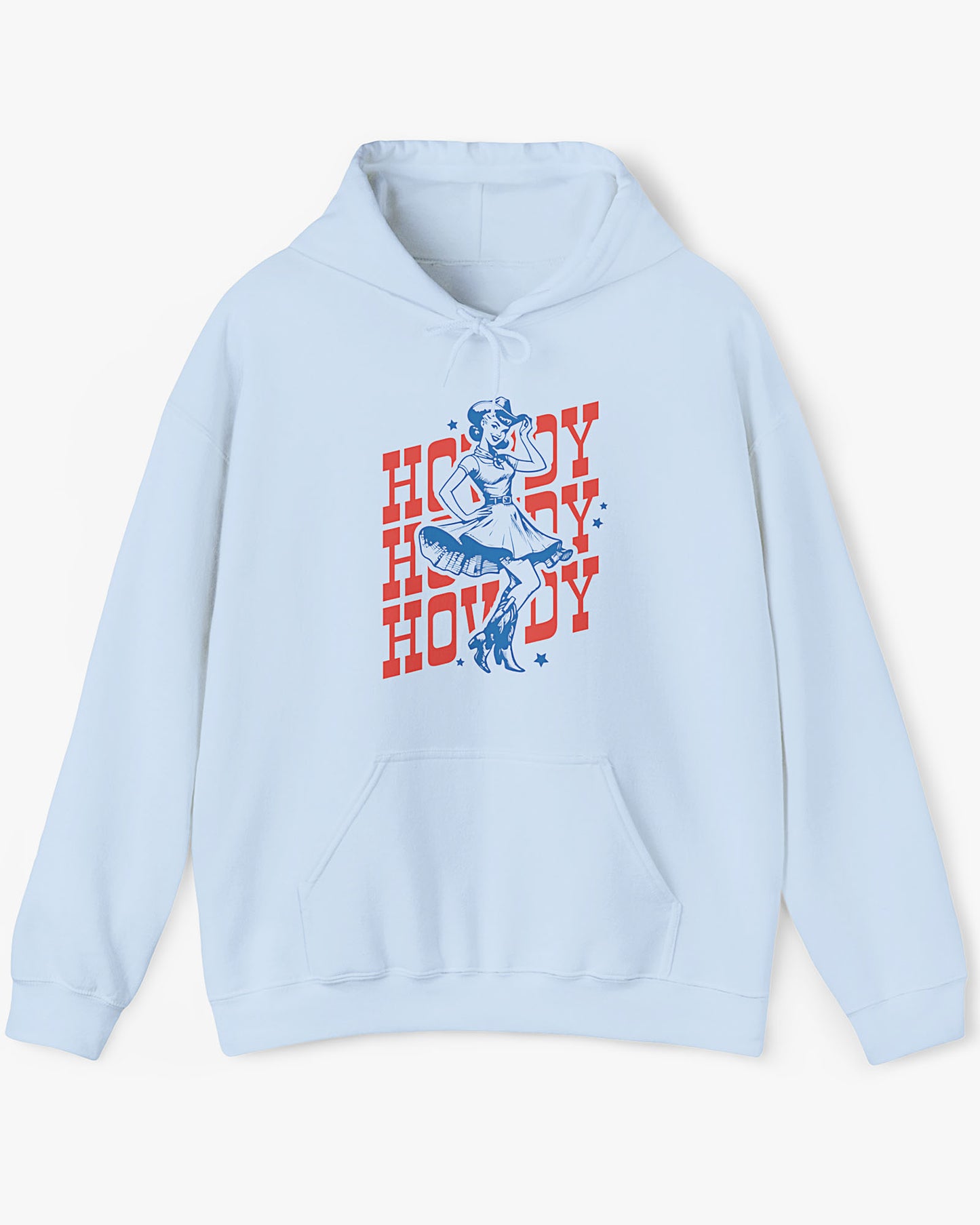 Flat lay light blue Howdy hoodie with retro dancing country girl graphic