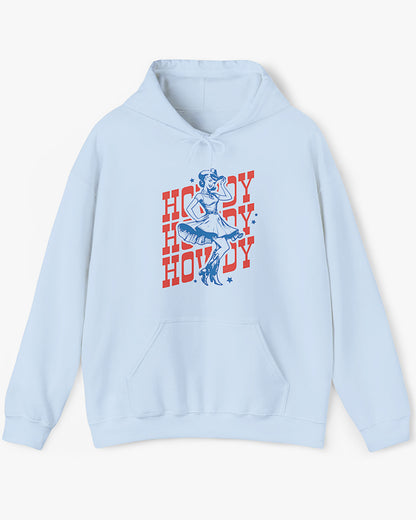 Flat lay light blue Howdy hoodie with retro dancing country girl graphic