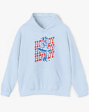 Flat lay light blue Howdy hoodie with retro dancing country girl graphic
