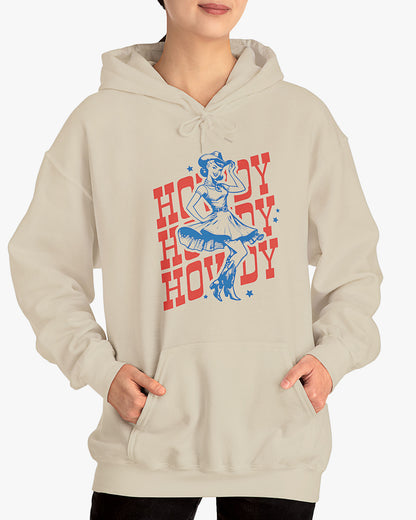 Woman wearing sand beige Howdy hoodie with retro dancing country girl graphic