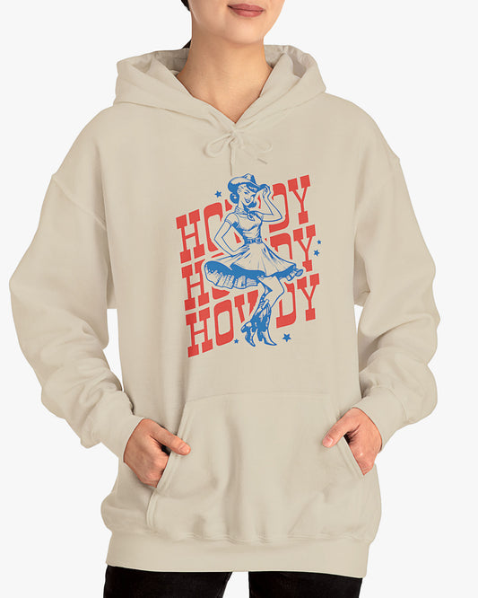 Woman wearing sand beige Howdy hoodie with retro dancing country girl graphic