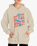 Woman wearing sand beige Howdy hoodie with retro dancing country girl graphic