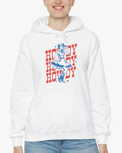 Woman wearing white Howdy hoodie with retro dancing country girl graphic