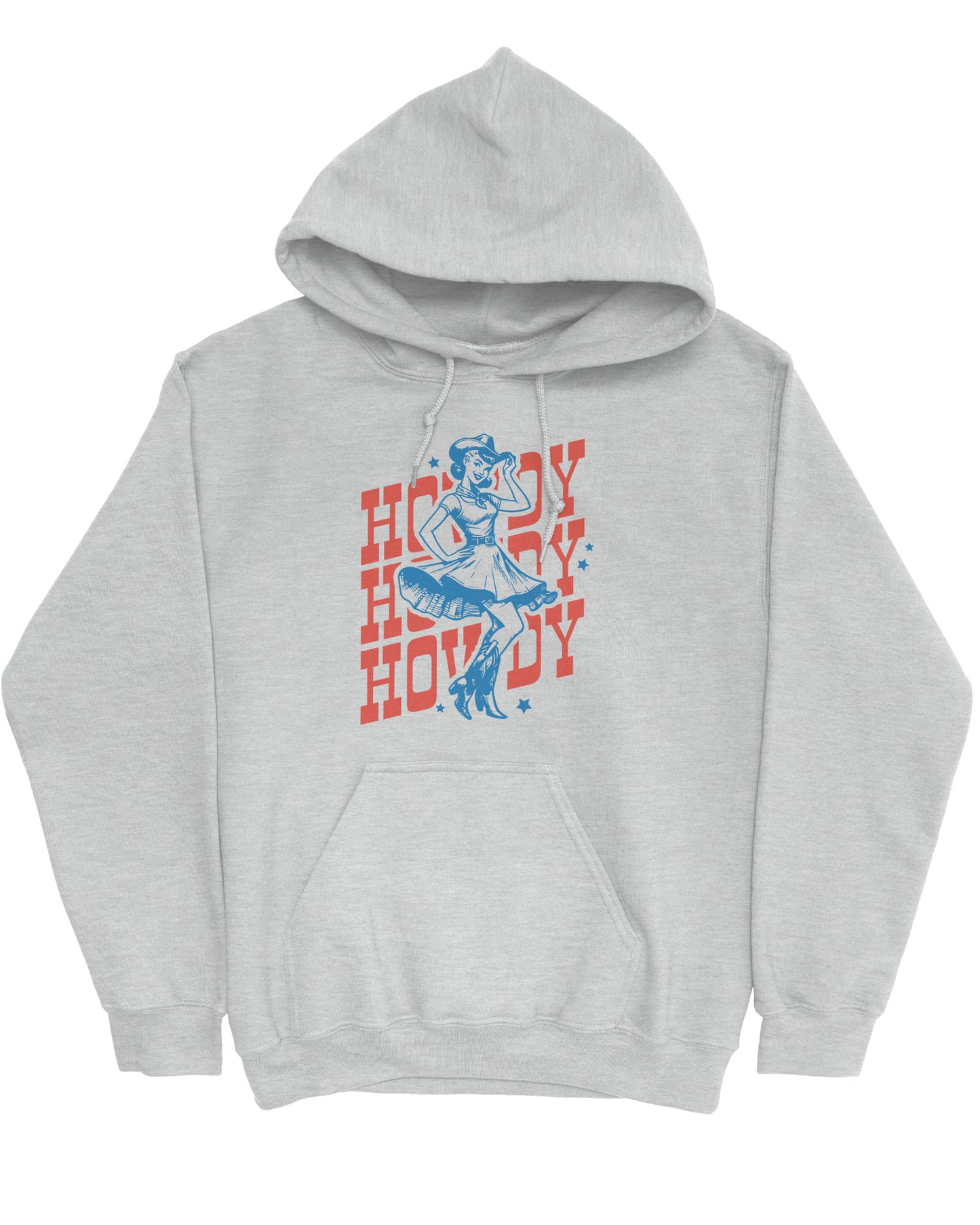 Flat lay of an ash gray hoodie with a retro howdy cowgirl graphic.