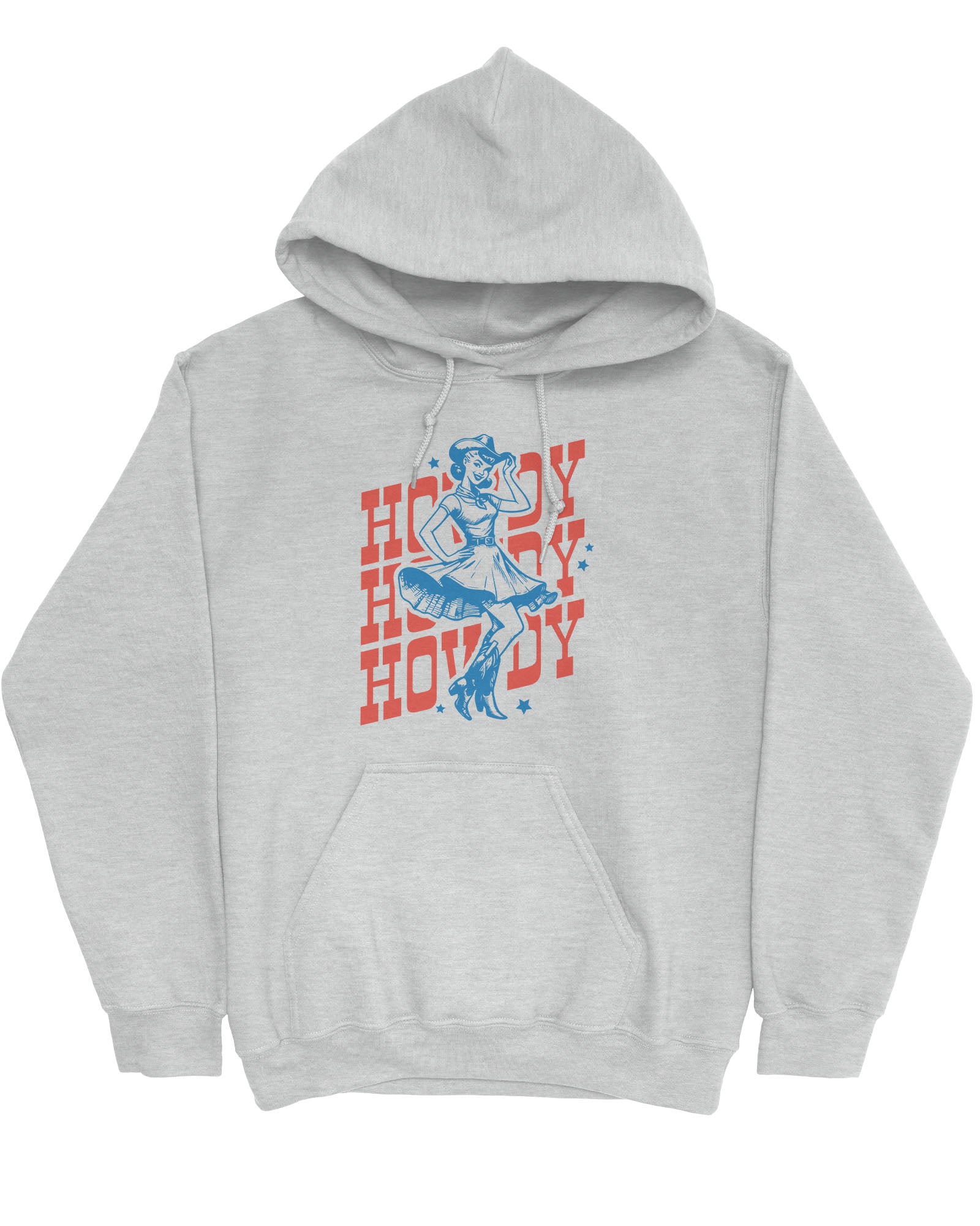 Flat lay of an ash gray hoodie with a retro howdy cowgirl graphic.