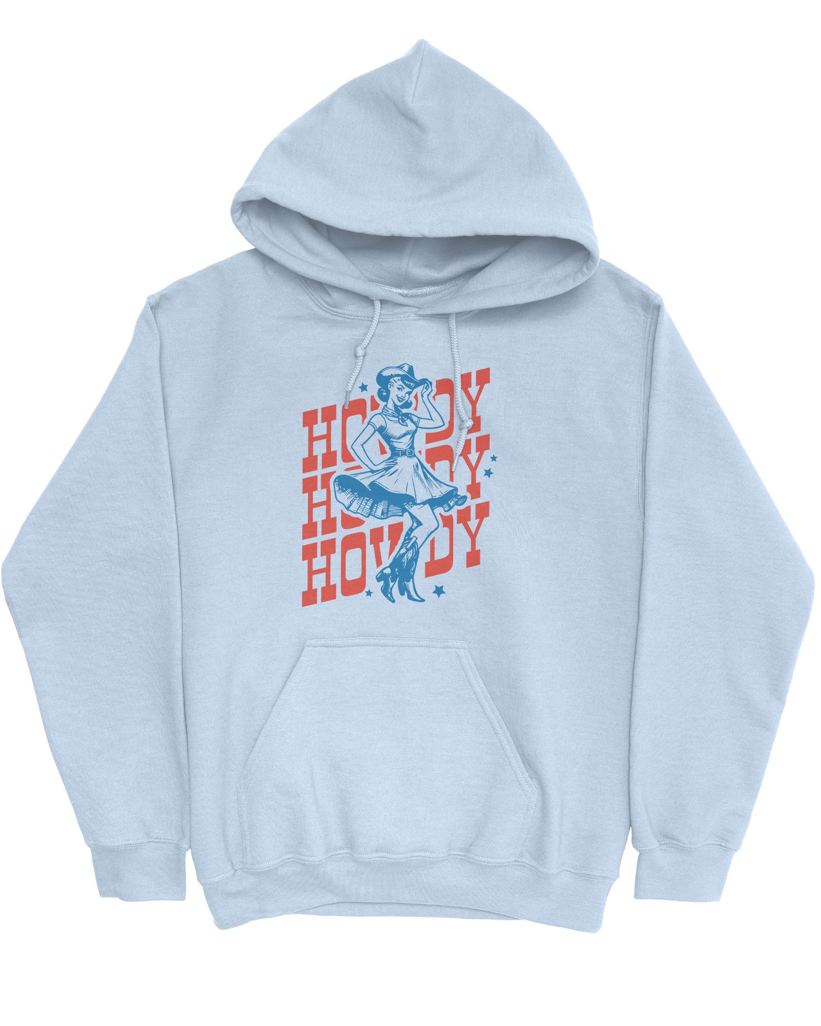 Flat lay of a light blue hoodie with a retro howdy cowgirl graphic.