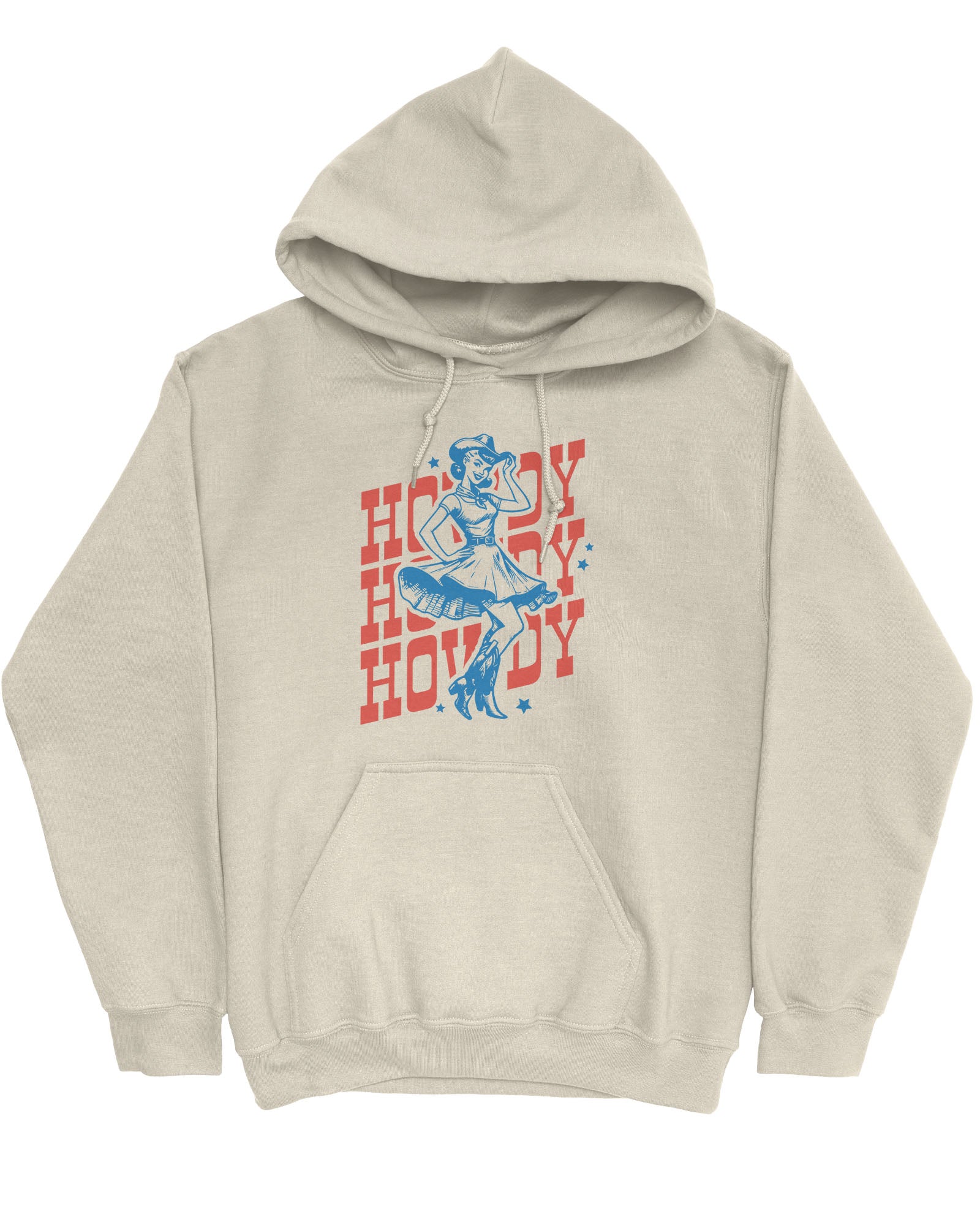 Flat lay of a sand beige hoodie with a retro howdy cowgirl graphic.