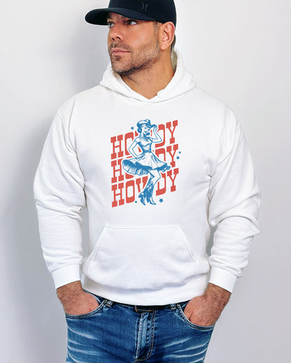 Man wearing a white hoodie with a retro howdy cowgirl graphic.