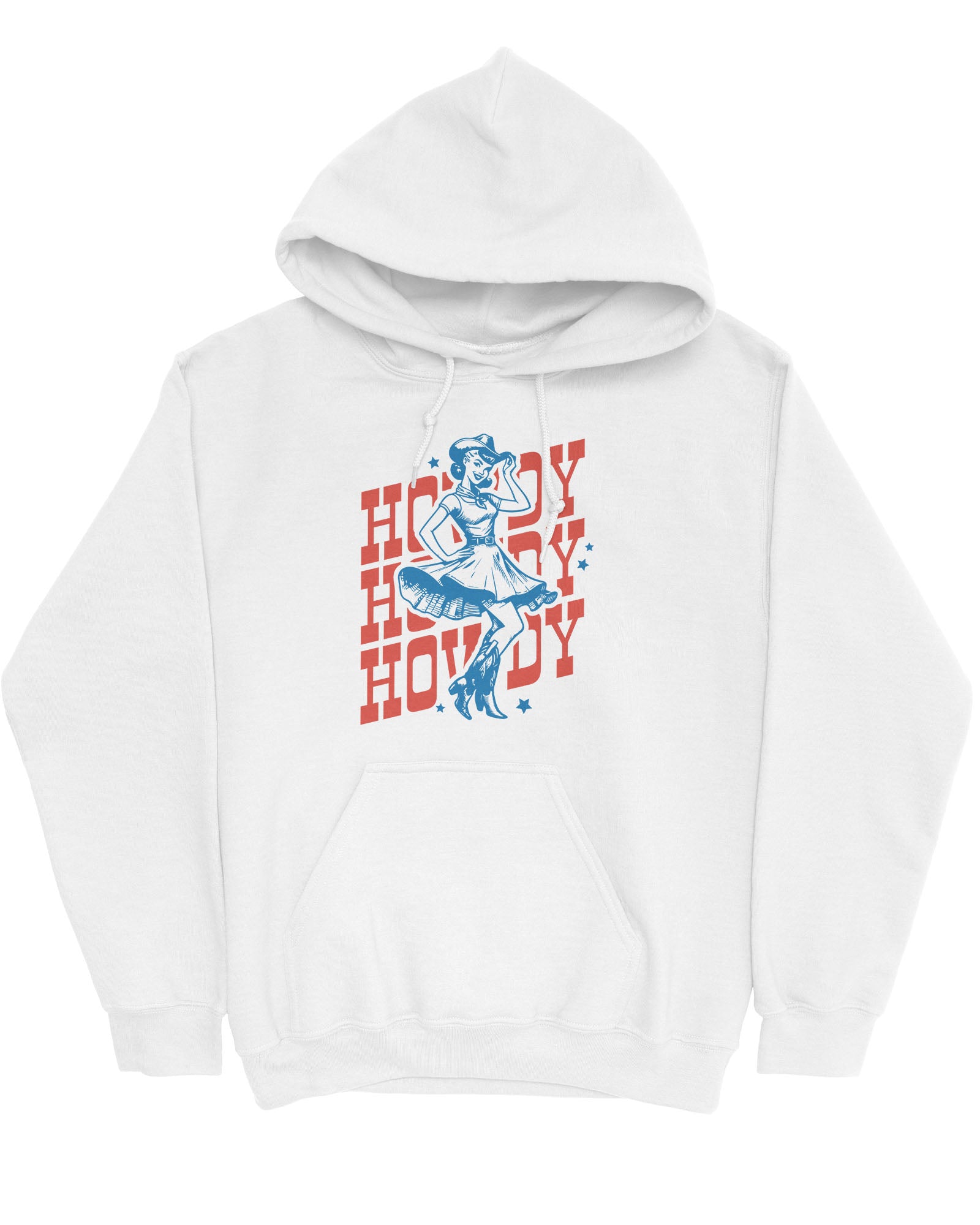 Flat lay of a white hoodie with a retro howdy cowgirl graphic.