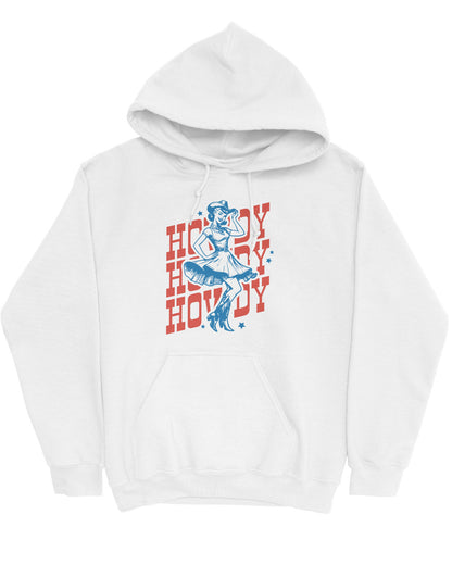 Flat lay of a white hoodie with a retro howdy cowgirl graphic.