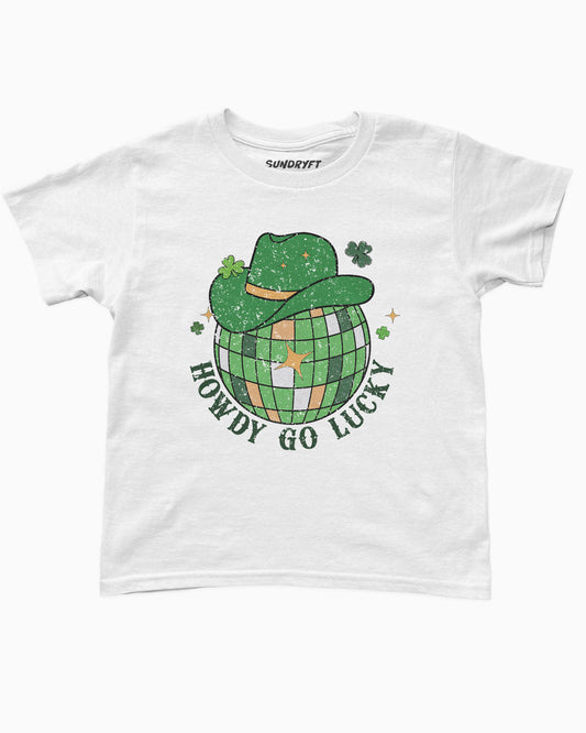 Howdy Go Lucky baby tee in white, retro Y2K cropped shirt with disco ball and cowboy hat graphic, funny Western St. Patrick’s Day style.