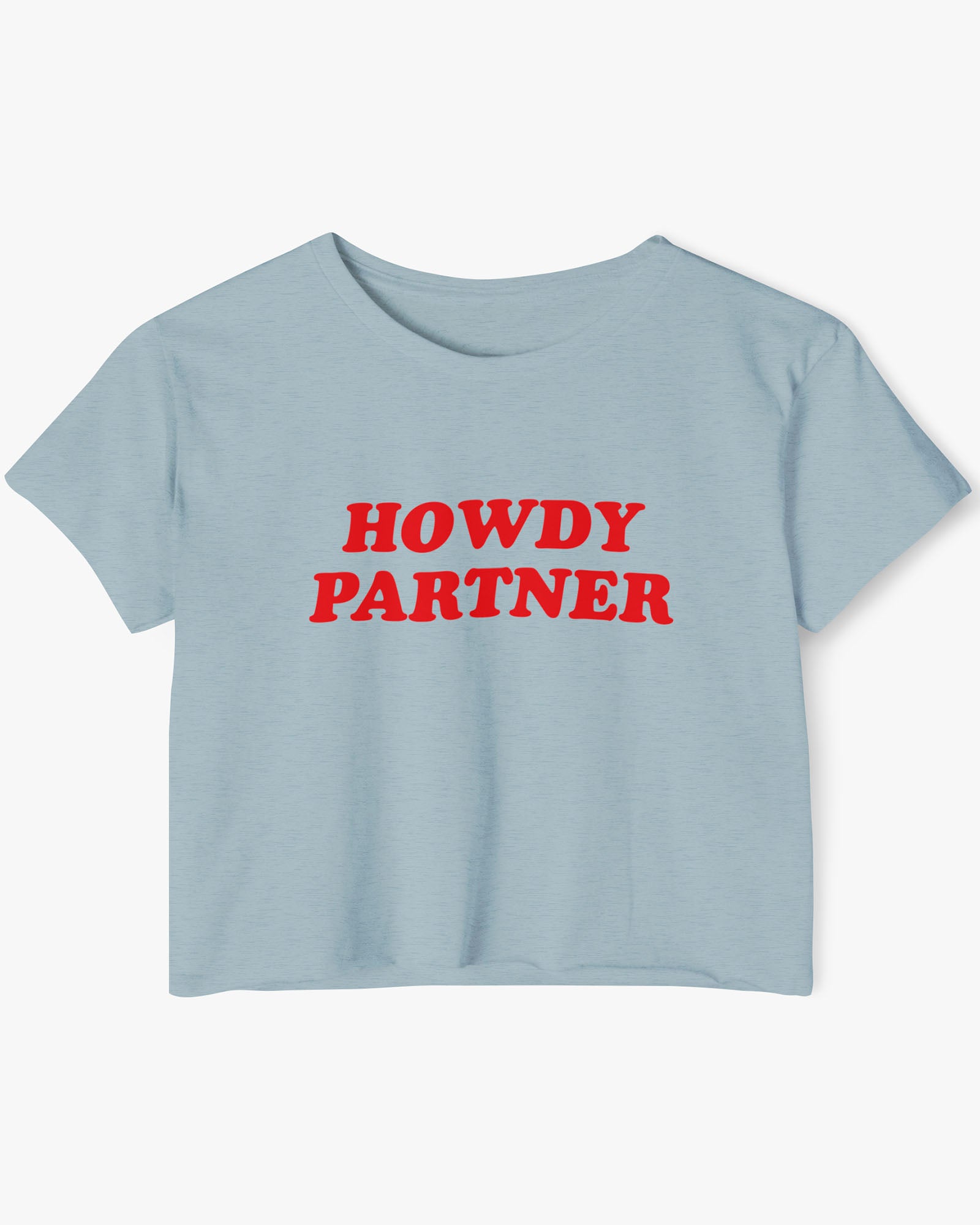 Flat lay stonewash denim 'Howdy Partner' crop top.