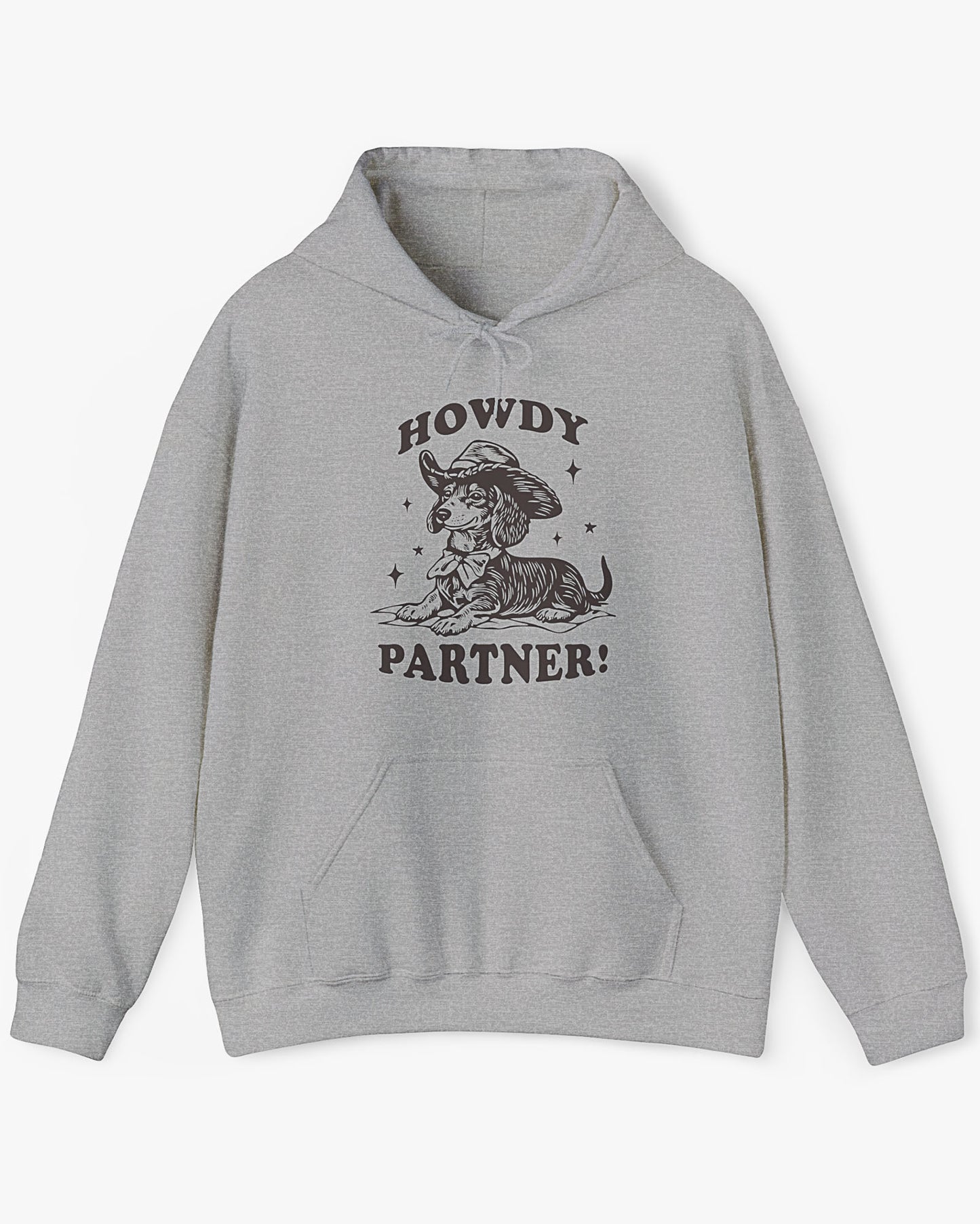 Flat lay sport gray 'Howdy Partner' hoodie with funny retro cowboy dachshund graphic