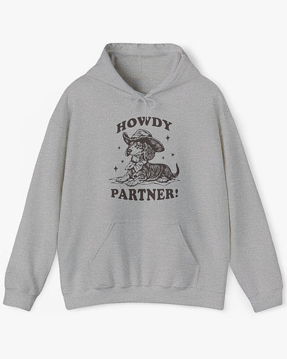 Flat lay sport gray 'Howdy Partner' hoodie with funny retro cowboy dachshund graphic