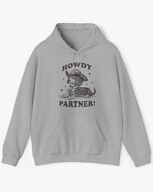 Flat lay sport gray 'Howdy Partner' hoodie with funny retro cowboy dachshund graphic